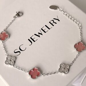 Petite Clover Bracelet Pink Mother of Pearl& Real Zircon Silver Tone Chain